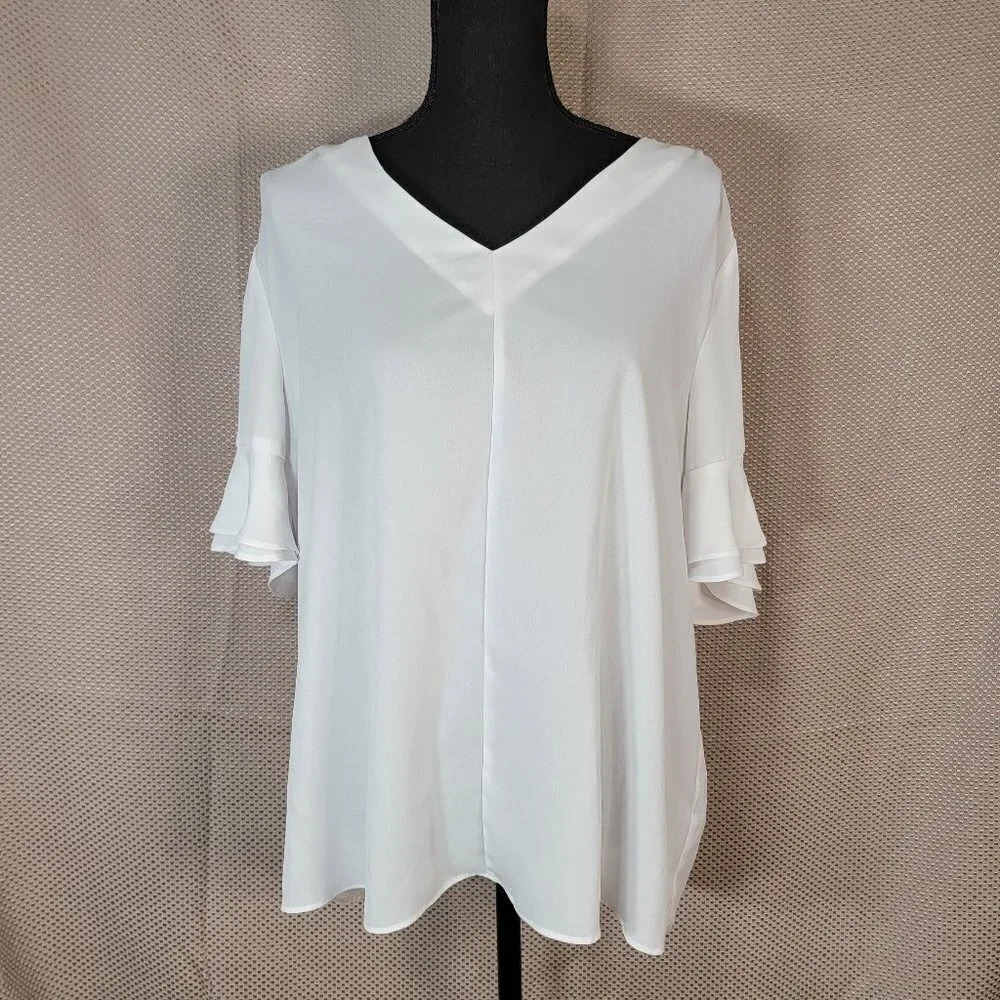 Zac & RACHEL White Chiffon Flowy Shirt Blouse Vneck Office Wear Business Sz XL